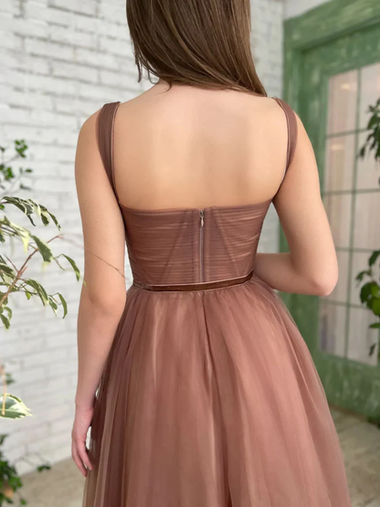 Brown Tea Length Prom Dresses, Tea Length Brown Formal Homecoming Dresses Y228