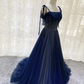 Dark Blue Tulle Sequin Long Prom Dress, Dark Blue Tulle Formal Dress Y523