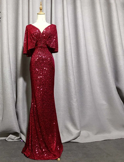 Mermaid Short Sleeves Sexy V Neck Evening Dress, Elegant Glitter Bat Sleeves Formal Party Dress Y1390