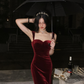 New Summer Women Vintage Sleeveless Velvet Dress Female Spaghetti Strap Sexy Bodycon Dress Ladies Elegant Evening Dress Y1654