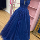 Shiny Navy Blue Lace Prom Dresses, Navy Blue Lace Formal Graduation Dresses Y230