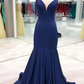 V Neck Mermaid Dark Navy Blue Prom Dresses, Navy Blue Mermaid Long Formal Evening Dresses Y234