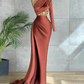 Brown Mermaid Beaded One Shoulder Evening Dresses High Side Slit Prom Dress Custom Made Y604