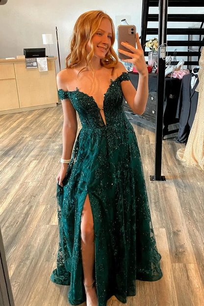 Off the Shoulder Green Long Prom Dress Y195