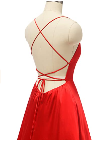 Red Satin Long Prom Gown,Front Slit Evening Dresses,Floor Length Prom Dresses S26169