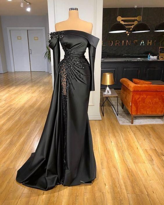 black satin long prom dress mermaid evening dress  Y80