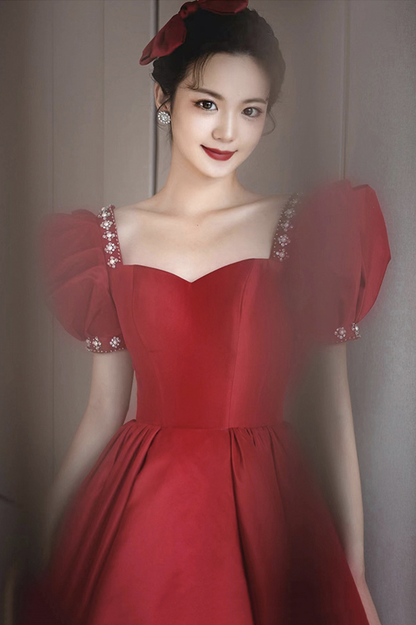 Burgundy satin long prom dress A line evening dress Y1169