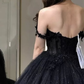 Lace Applique Tulle Dress, Black Glitter Wedding Dress, 3D Flowers Long Evening Dress Y1625