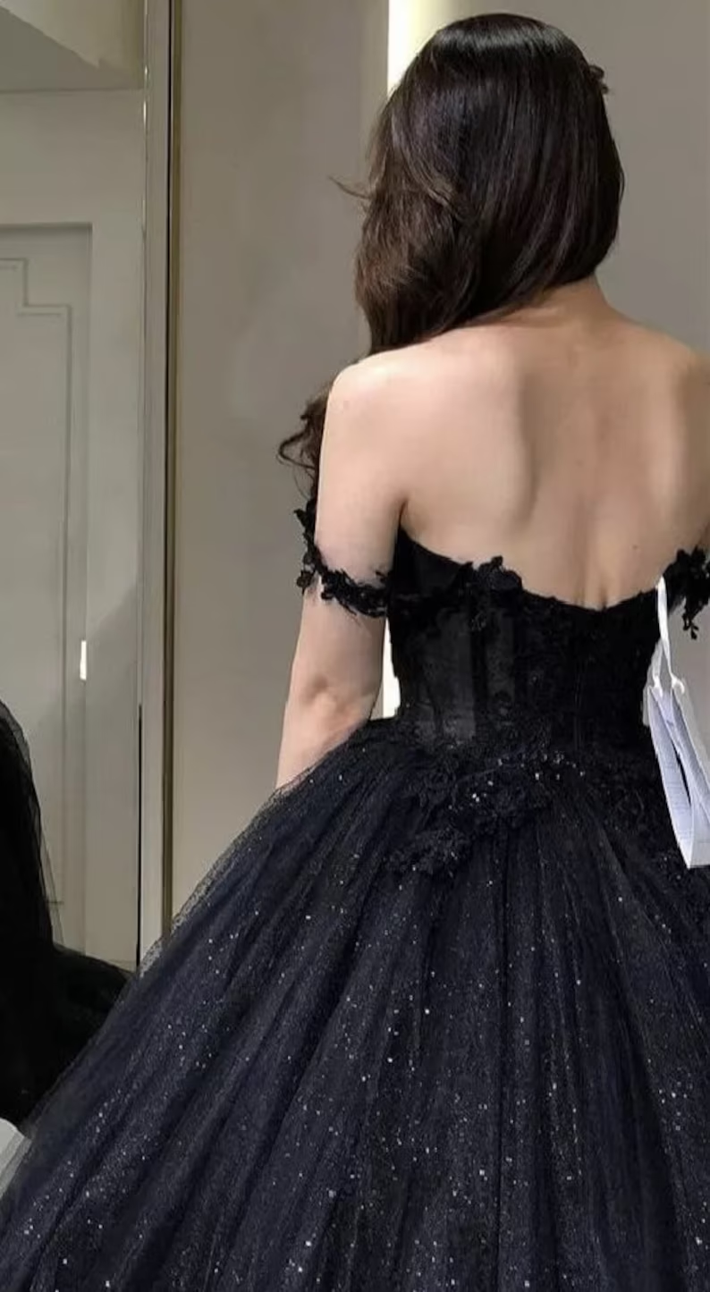 Lace Applique Tulle Dress Black Glitter Wedding Dress 3D Flowers