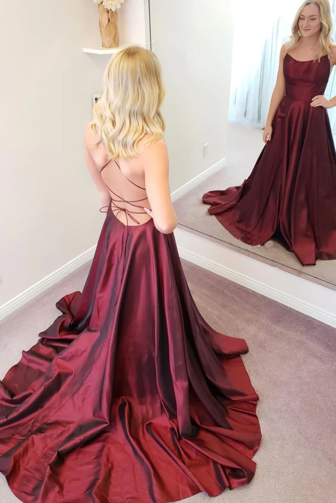 Simple A Line Backless Thin Strap Burgundy Satin Long Prom Dress, Back Simplepromdress Simple A Line Backless Thin Strap Burgundy Satin Long Prom Dress, Back Simplepromdress