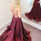 Simple A Line Backless Thin Strap Burgundy Satin Long Prom Dress, Backless Burgundy Formal Evening Dress Y224