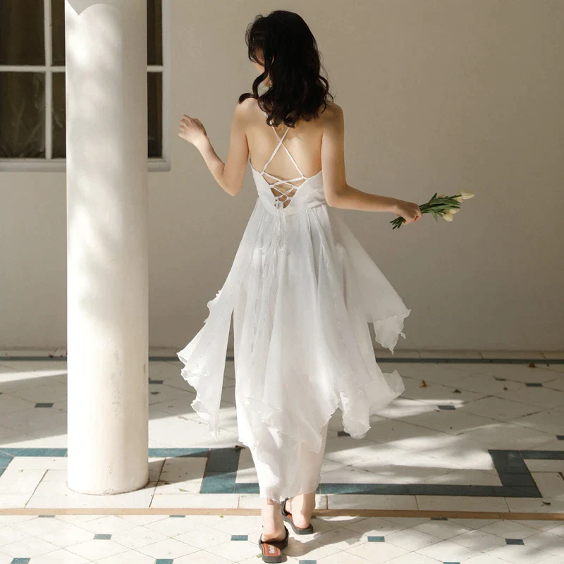 White Chiffon High Low Chic Simple Wedding Party Dress, White Short Pr Simplepromdress White Chiffon High Low Chic Simple Wedding Party Dress, White Short Pr Simplepromdress
