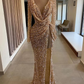 sparkly prom dresses, deep v neck prom dresses, long sleeve prom dresses, arabic prom dresses, side slit prom dresses, fashion evening gowns Y1389
