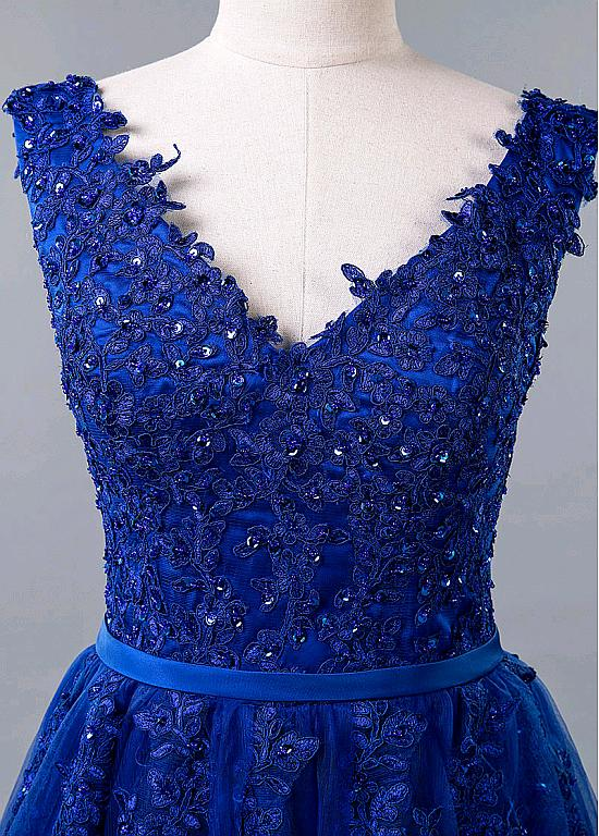 Romantic Tulle & Lace V-neck Neckline A-line Prom Dress With Beaded Lace Appliques & Belt  Y938