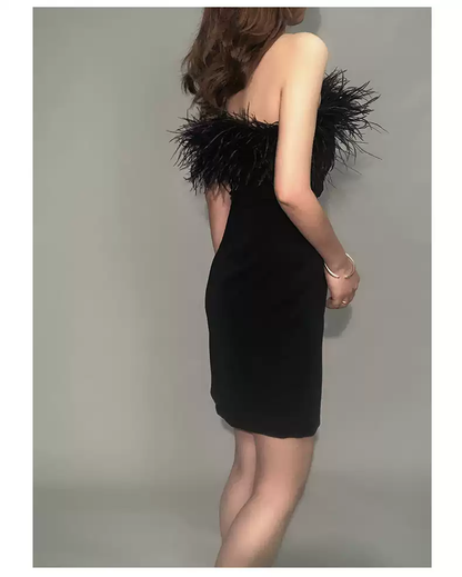 Womens Feather Off Shoulder Bandage Dresses Side Split Cocktail Party Bodycon Dress Black Short Homecoming Dress Y1356