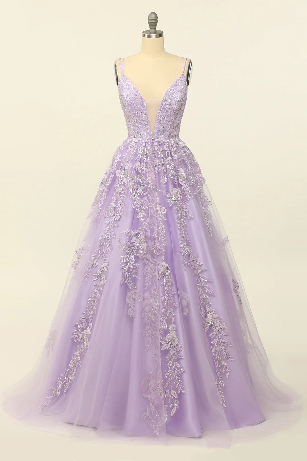 Gorgeous V-Neck Tulle Long Prom Dress with Lace Appliques Y33