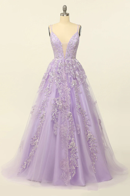 Gorgeous V-Neck Tulle Long Prom Dress with Lace Appliques Y33