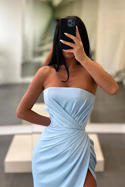 Light Blue Long Mermaid Evening Dress Strapless Split Y370