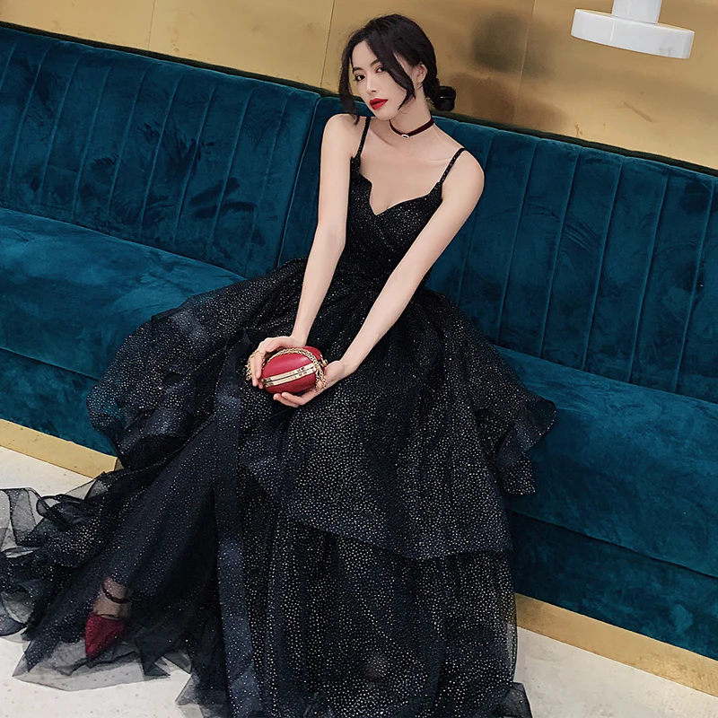 Black tulle sequins prom dress evening dress Y1021