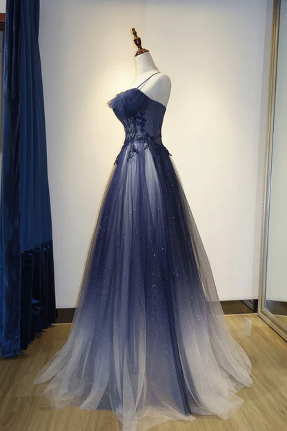 Elegant Gradient Tulle Straps Long Evening Dress, A-Line Tulle Prom Dresses Y1807