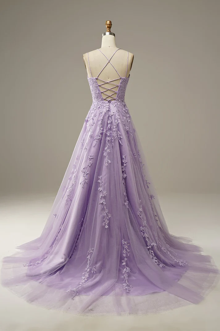 Elegant Lavender Prom Dresses,A line Evening Dress,Applique Party Gown Y1129