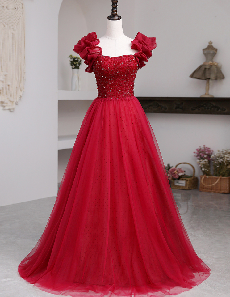 Generous A-line Red Tulle Prom Dress,Lace-up Back Prom Dress Y795