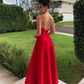 Elegant A-line V-neck Red Satin Prom Dresses, Formal Gown Y1087