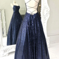 Sparkly Backless Navy Blue Long Prom Dresses, Open Back Long Navy Blue Formal Evening Dresses Y875