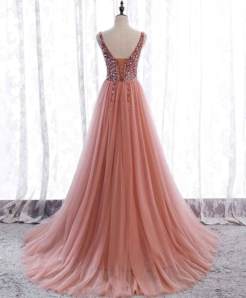 Pink V Neck Tulle Sequin Long Prom Dress Pink Formal Dress Y95