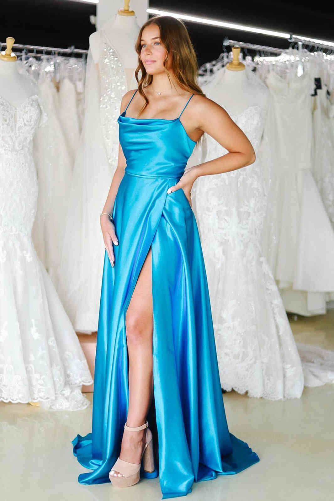 Cowl Neck Green Satin A-Line Formal Dress with Slit,Modest Prom Dress Y1884