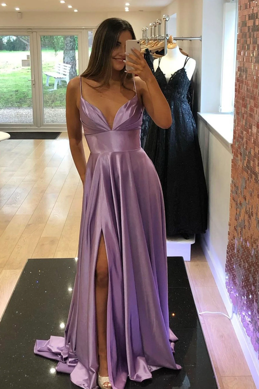 Purple V-Neck Satin Long Prom Dress, Simple A-Line Evening Dress Y927