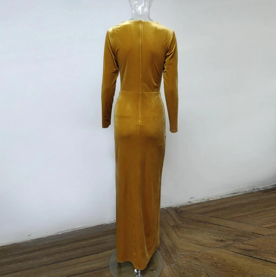 Sexy V-Neck Long Sleeve Split Velvet Prom Dress Y1724