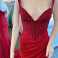 Beaded Red V-Neck Pleated Long Prom Dress with Slit Y893