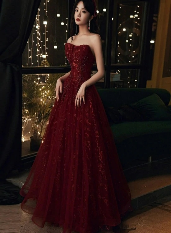 Burgundy A-Line Sparkly Strapless Modest Long Prom Dresses, Ball Gown, –  SposaBridal