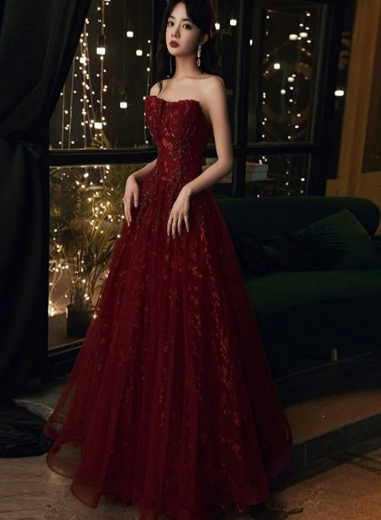 Wine Red Floral Lace and Tulle Long Evening Gown Party Dress, Burgundy Simplepromdress Wine Red Floral Lace and Tulle Long Evening Gown Party Dress, Burgundy Simplepromdress