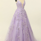 Gorgeous V-Neck Tulle Long Prom Dress with Lace Appliques Y33
