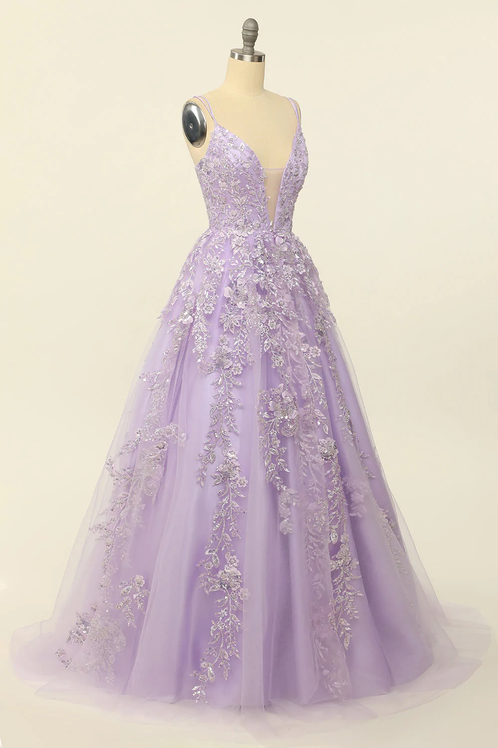 Gorgeous V-Neck Tulle Long Prom Dress with Lace Appliques Y33