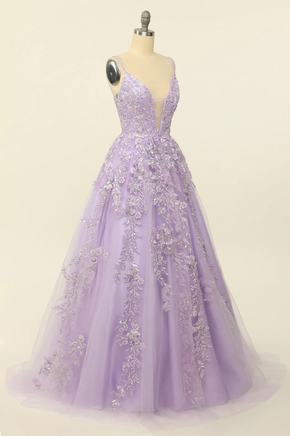Gorgeous V-Neck Tulle Long Prom Dress with Lace Appliques Y33