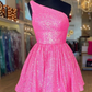 Hot Pink One Shoulder A Line Short Homecoming Dress Sequins Y1487