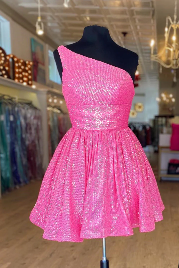 Hot Pink One Shoulder A Line Short Homecoming Dress Sequins Y1487