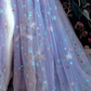 Beautiful Light Purple Tulle Dress Floral Dress Off Shoulder Sweetheart Dress A-line Evening Dresses With Slit Start Applique Long Dress Y932