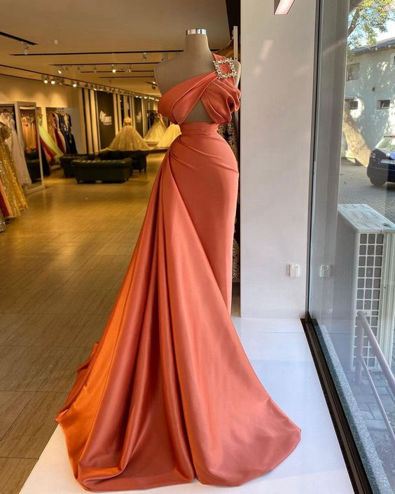 Satin prom dresses one shoulder prom dresses, orange prom gown Y197