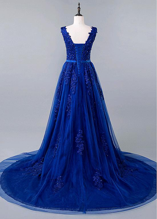 Romantic Tulle & Lace V-neck Neckline A-line Prom Dress With Beaded Lace Appliques & Belt  Y938