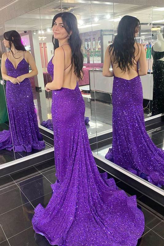 Purple Sequin V-Neck Open Back Mermaid Long Prom Dress Y1670
