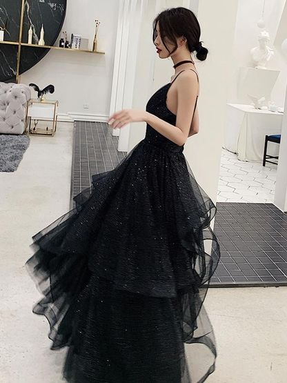Shiny Black V Neck Prom Dresses, Backless Black V Neck Formal Evening Dress Y1767