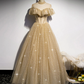 Champagne Long Prom Dress, A-line Champagne Graduation Dress with Beading Y1122