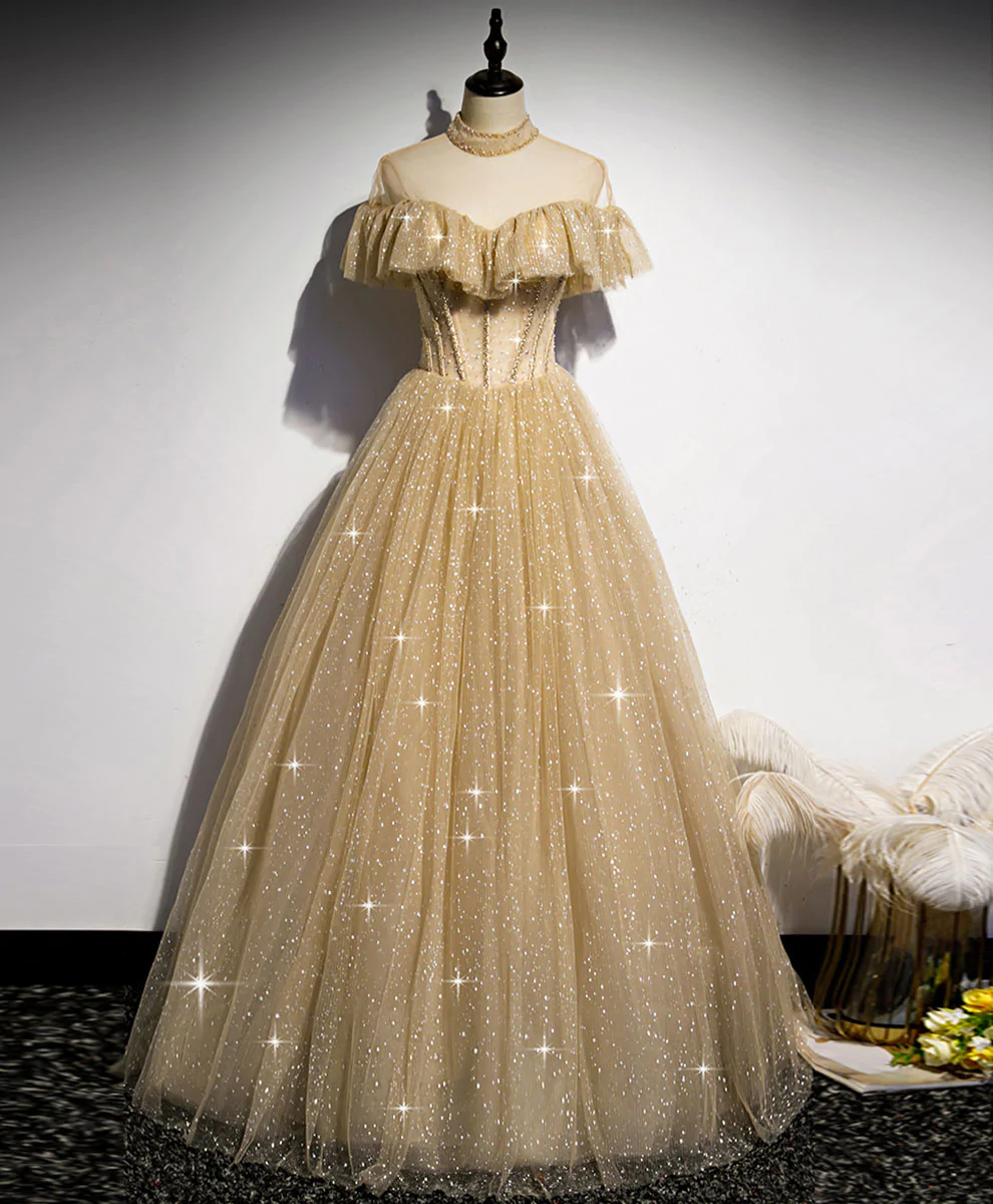 Champagne Long Prom Dress, A-line Champagne Graduation Dress with Beading Y1122