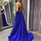 Simple A line blue long prom dress, backless blue evening dress Y367