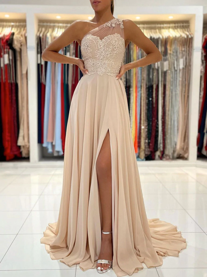 Champagne chiffon lace long prom dress, champagne bridesmaid dress Y46