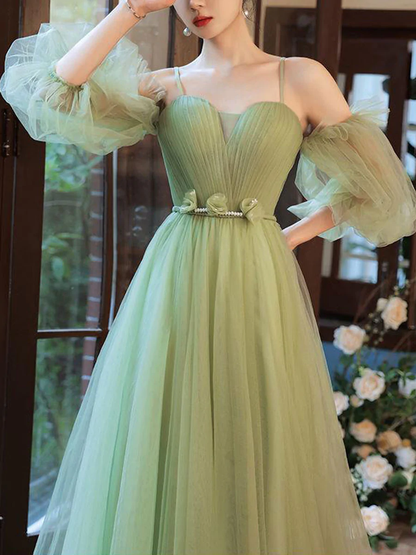 Simple A line Green Long Prom Dress, Green Tulle Bridesmaid Dress Y1857